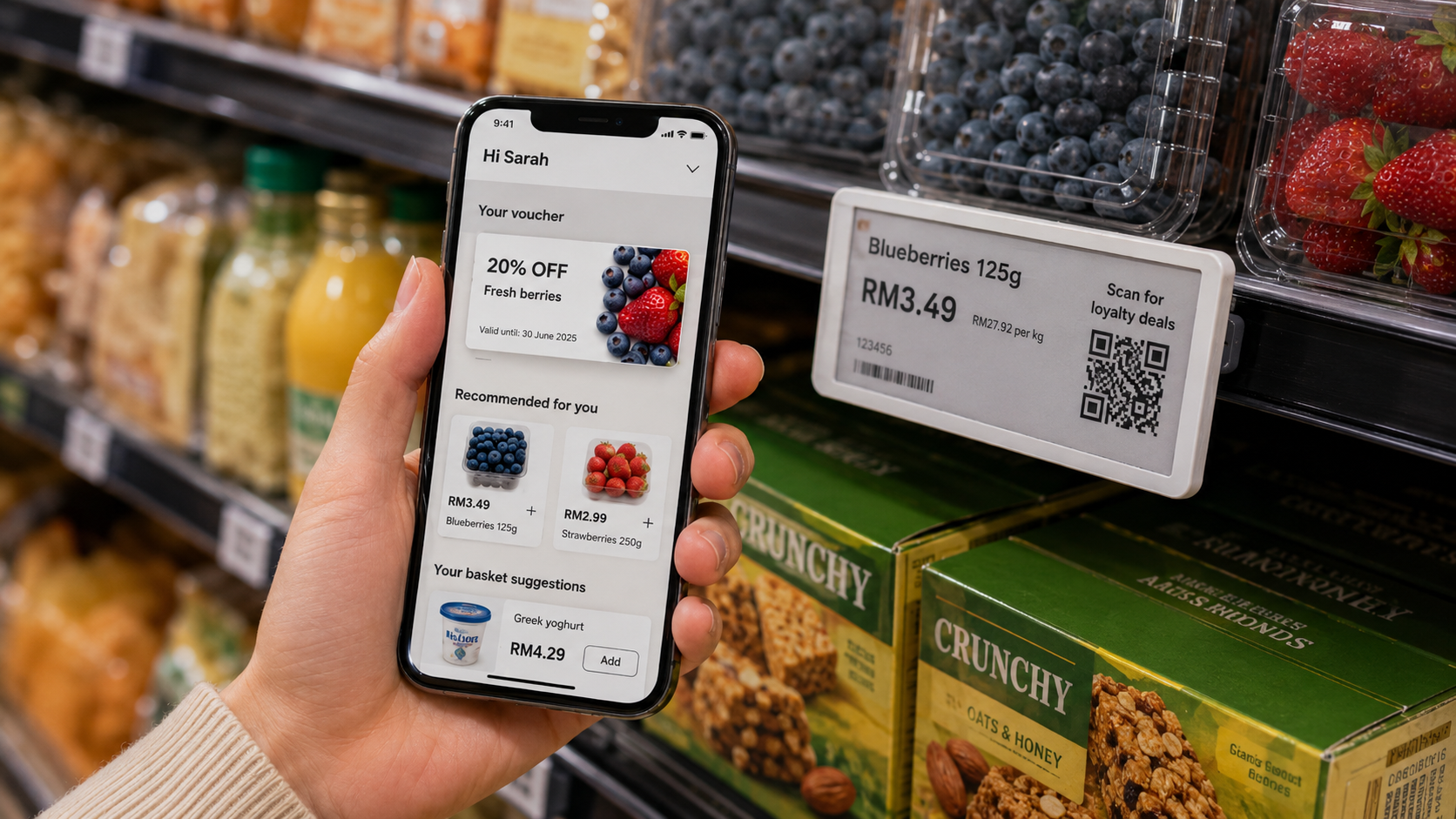 Phone scanning QR code on an ESL tag to receive a loyalty offer