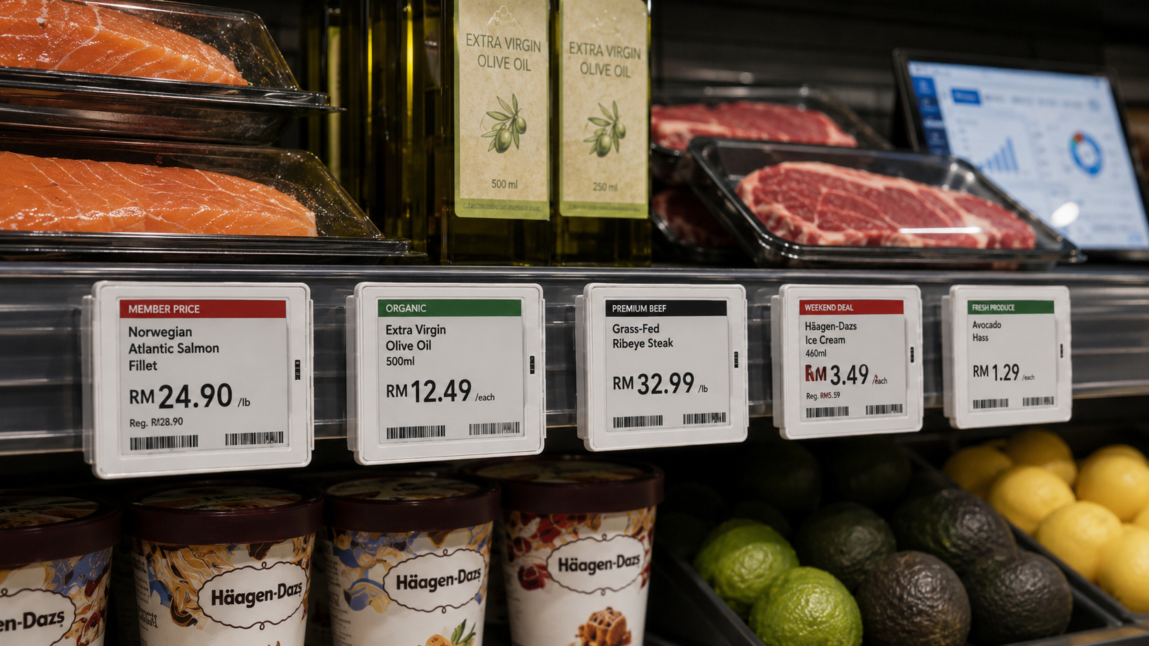 Electronic shelf labels showing synchronized product prices